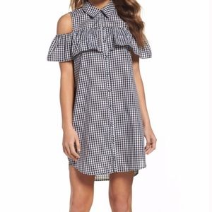 Charles Henry Black and White Plaid Collared Button Up Shoulderless Cutout Dress